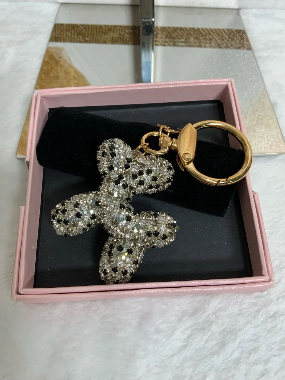 Sparkling Balloon Dog Crystal Keychain with Gold Flower Accent - Pink Box